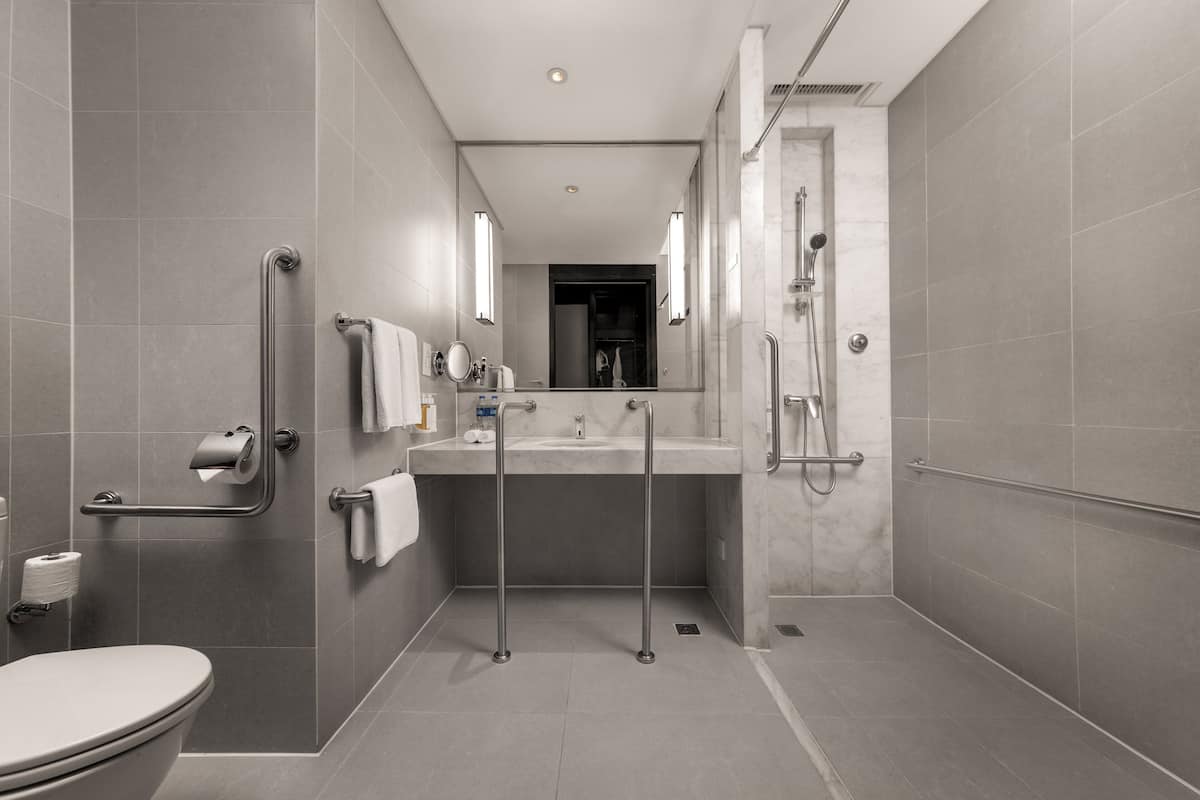 A modern bathroom with a toilet, sink, and shower. It includes grab bars and a mirror.