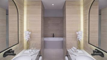 A modern bathroom with two sinks, a bathtub, and large mirrors.