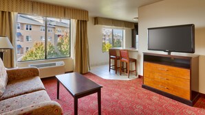 A hotel room with a sofa, a small table, a TV on a wooden cabinet, a chair, and a large window with curtains.