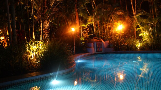 A swimming pool surrounded by tropical plants and illuminated by ambient lighting. - Pink Flamingo Resort (Port Douglas)