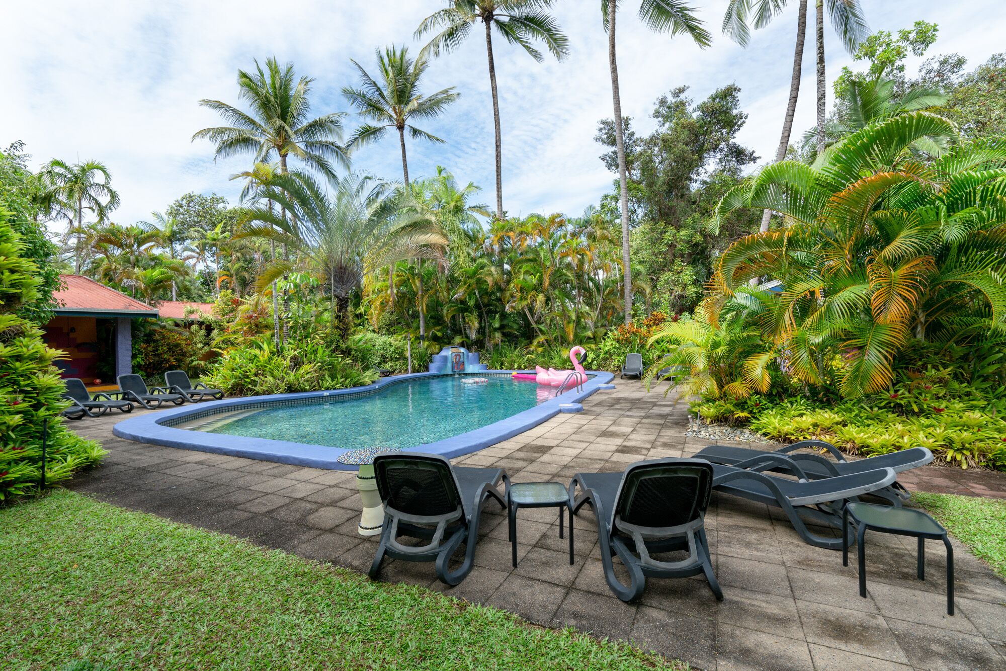 A pool area with lounge chairs and a flamingo float.