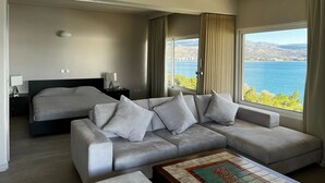 Un moderno cuarto de hotel con una cama grande, un sofá y vistas a un lago.