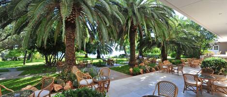 An outdoor patio area with wicker furniture, palm trees, and a well-maintained lawn.