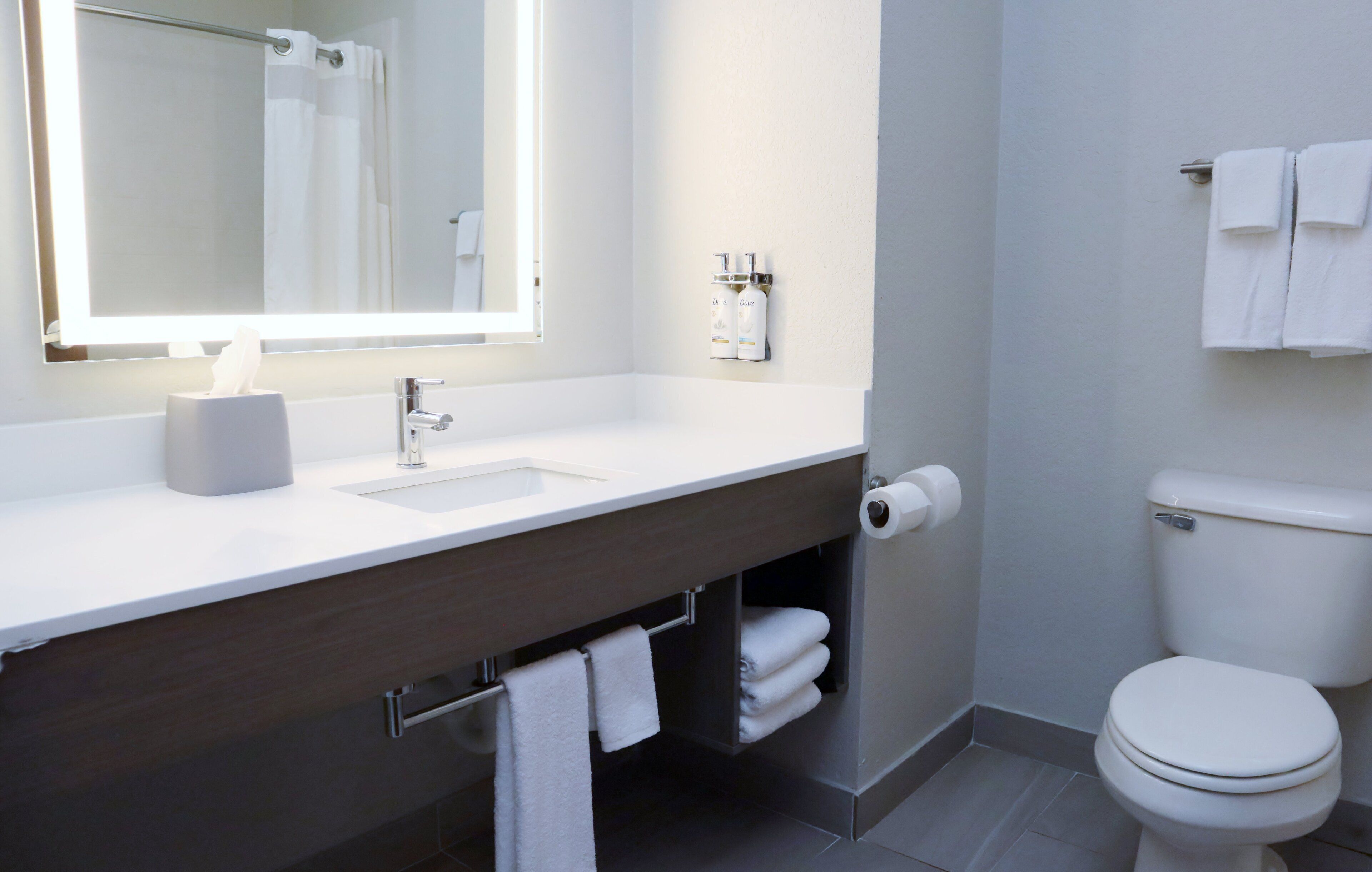 combined shower/bathtub, rainfall showerhead, hair dryer, towels