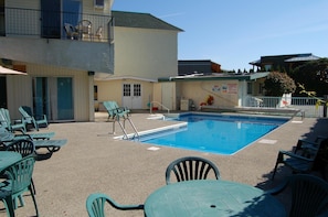 Seasonal outdoor pool, sun loungers