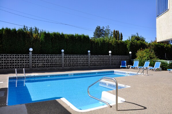 Seasonal outdoor pool, pool loungers