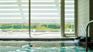 Ein Wellnessbereich mit Whirlpool, Blick auf einen Garten durch große Fenster und einem gefliesten Boden.
