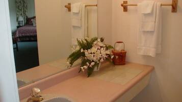 Dusch, hårtork, handdukar och tvål