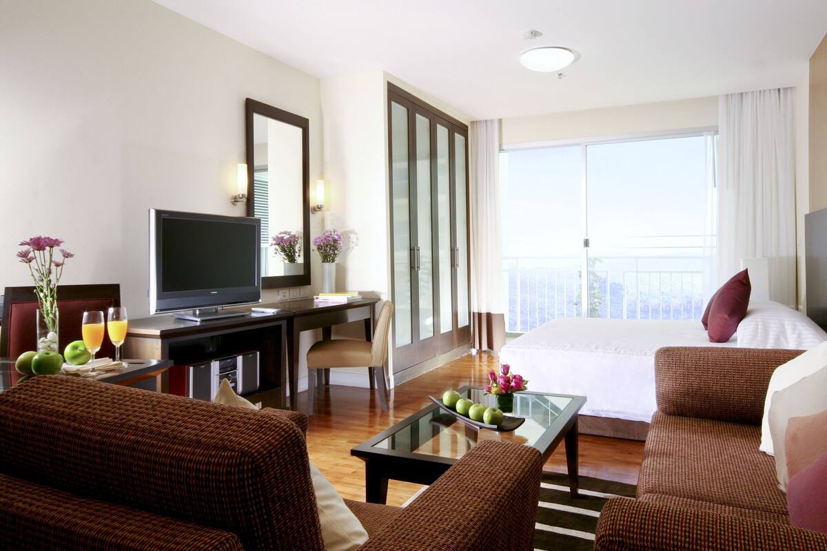 A hotel room with a bed, a TV, a desk, and a balcony with a view.