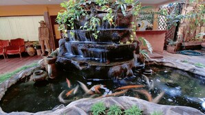 A multi-tiered water feature with plants, surrounded by a small pond with fish.