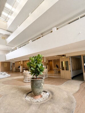 Um hall amplo com uma planta em vaso central, áreas de estar e teto alto com claraboias.