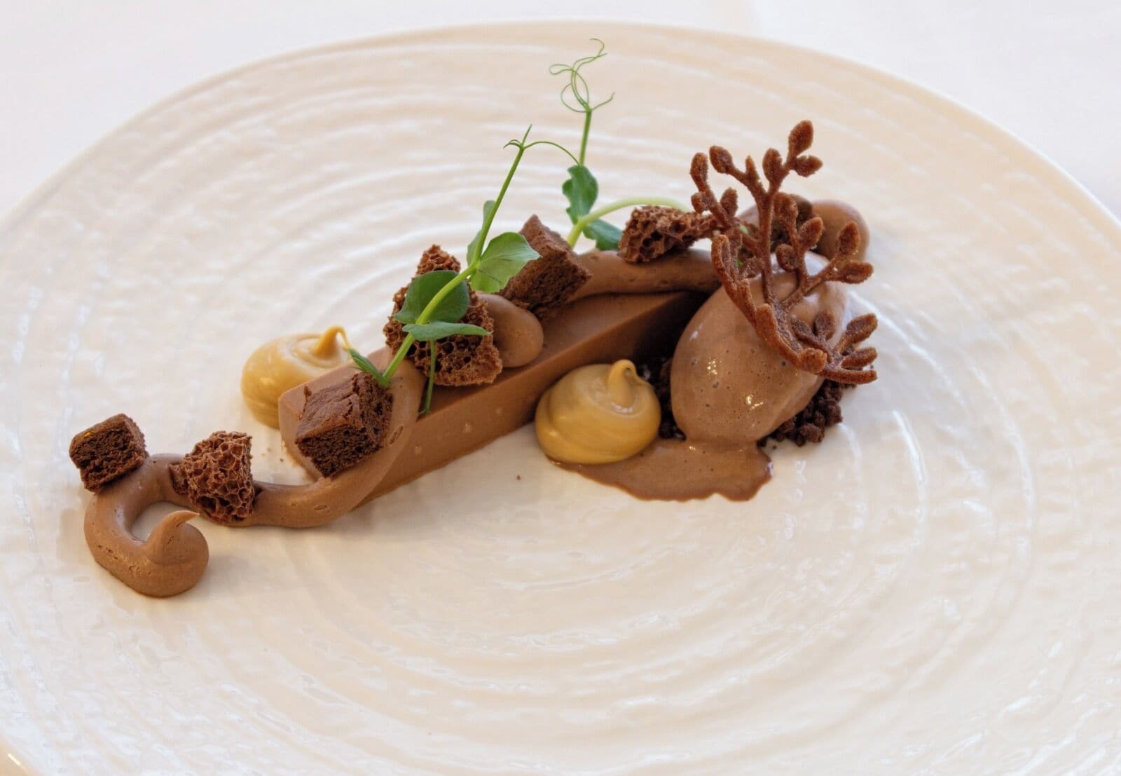A dessert with various components on a plate.