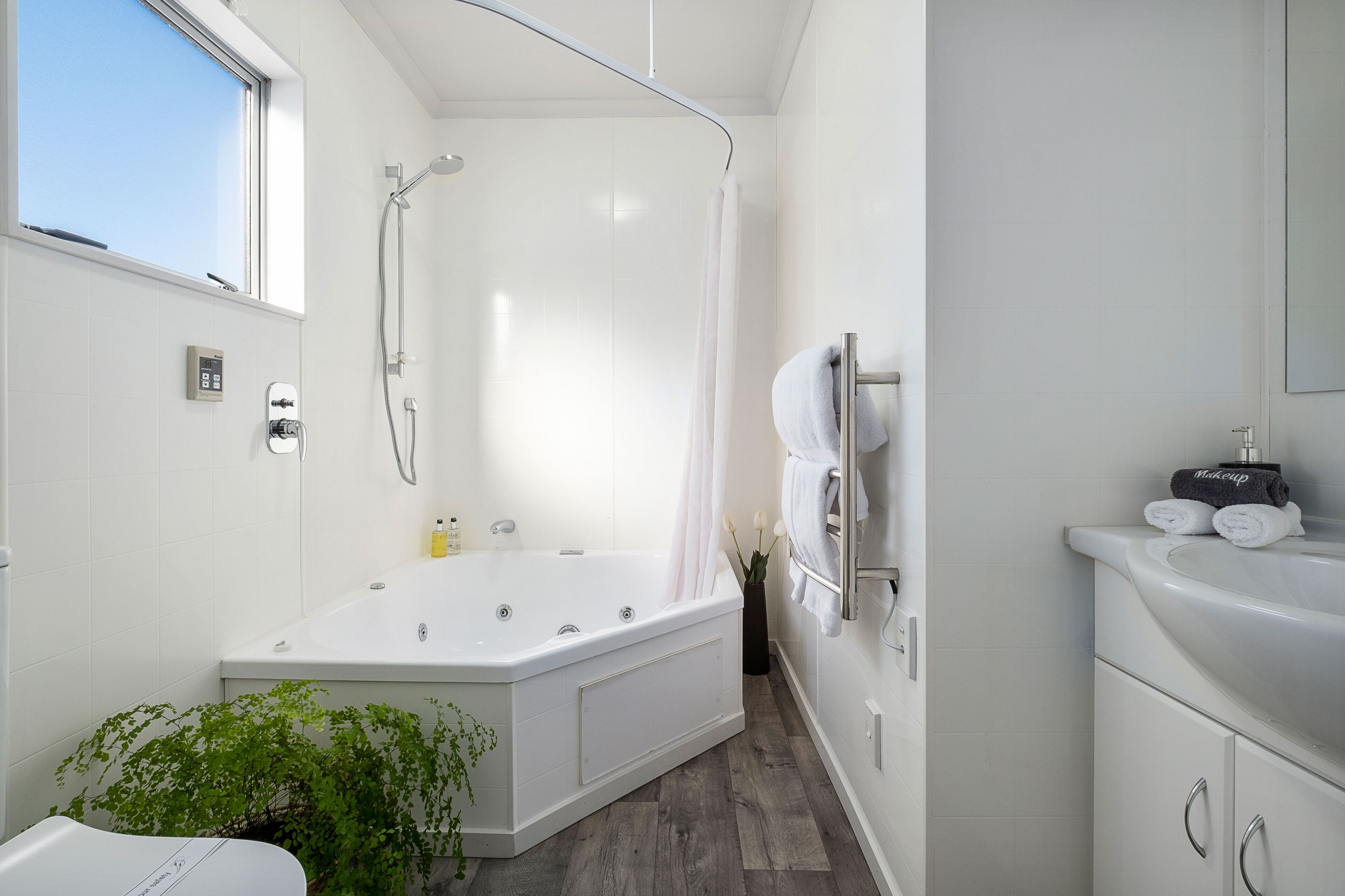 Shower, hair dryer, towels