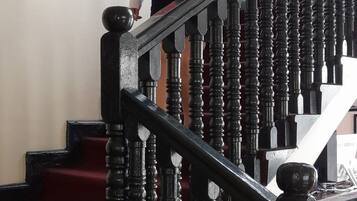 A person descending a wooden staircase with a red carpet.