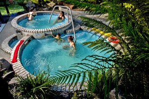 A circular hot tub with a brick border and a metal ladder, surrounded by lush greenery. - Taupo DeBretts Spa Resort (Taupo)