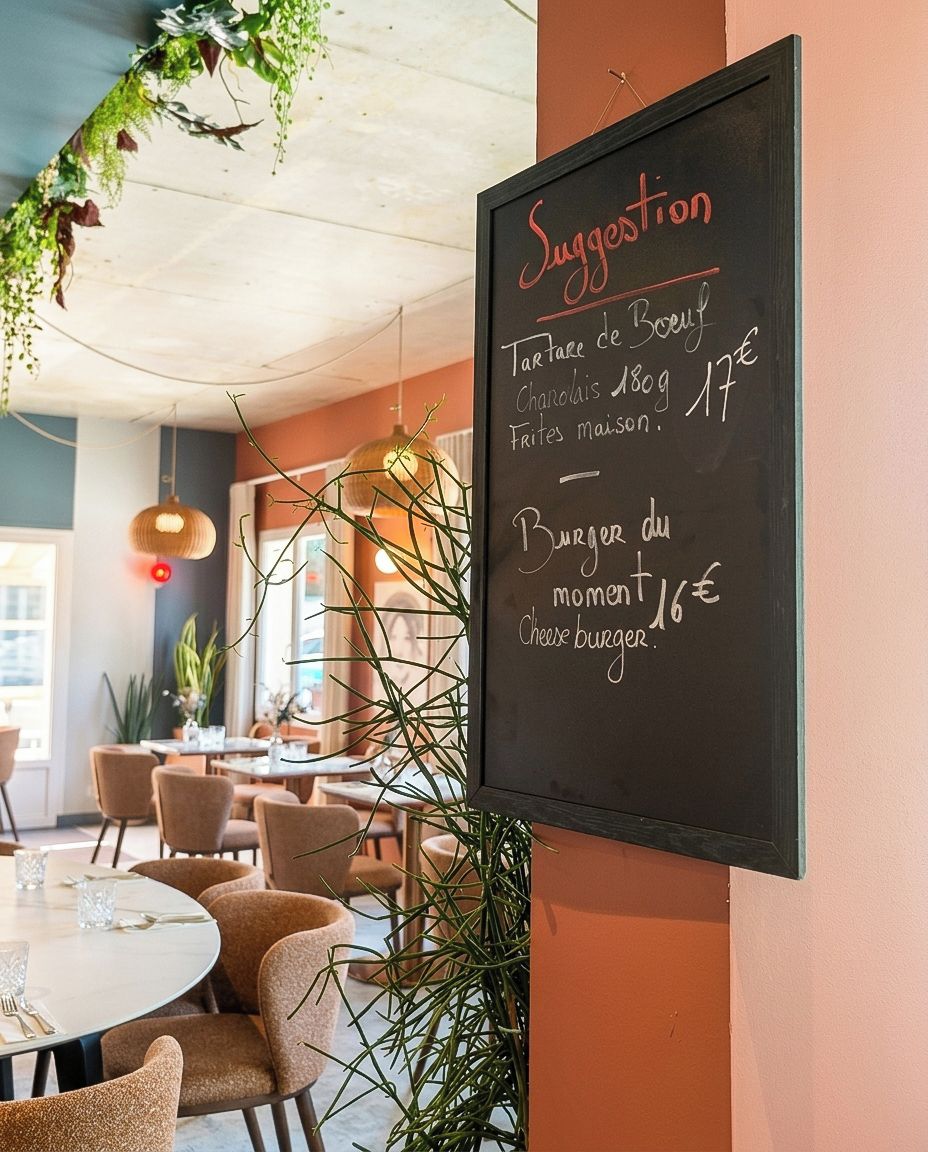 Interior d'un restaurant amb un quadre negre que mostra articles com 'Tarte de Boeuf' i 'Burger du moment'.
