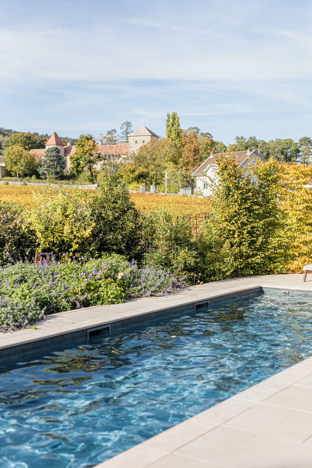 A swimming pool with a view of a vineyard and houses in the background.