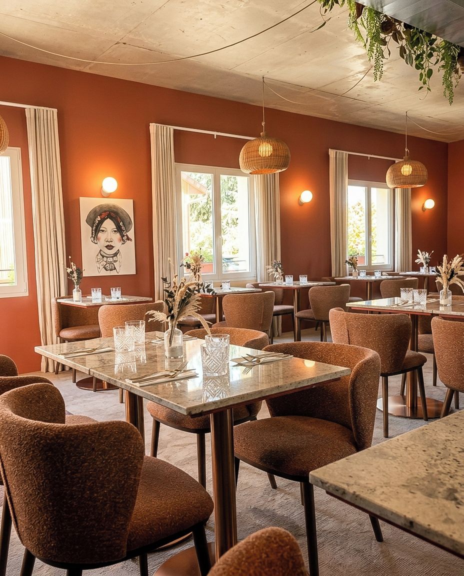 A restaurant with multiple tables and chairs, large windows, and hanging light fixtures.