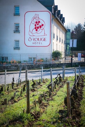 A hotel sign with a grape illustration and the name "O Rouge Hotel". - Ô Rouge (Gevrey-Chambertin)