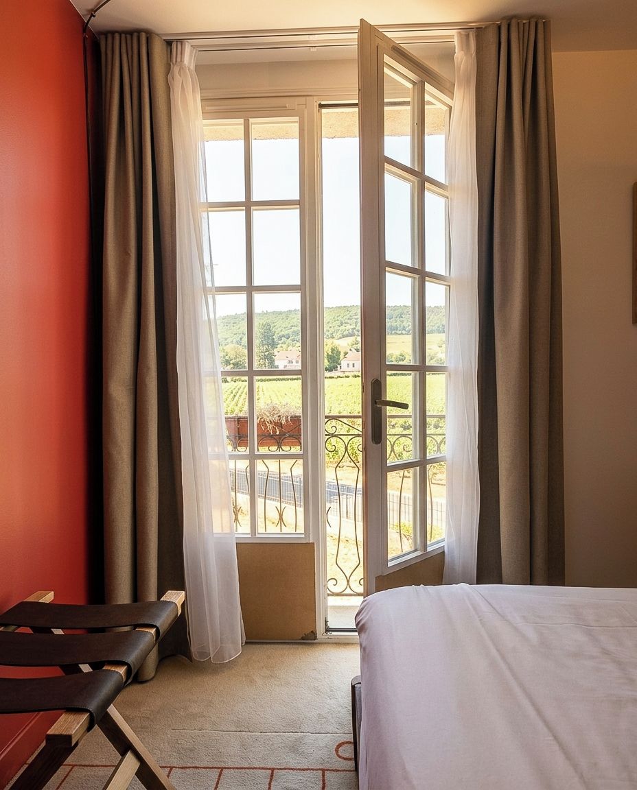 A hotel room with a bed, a chair, a window with curtains, and a view of a vineyard.