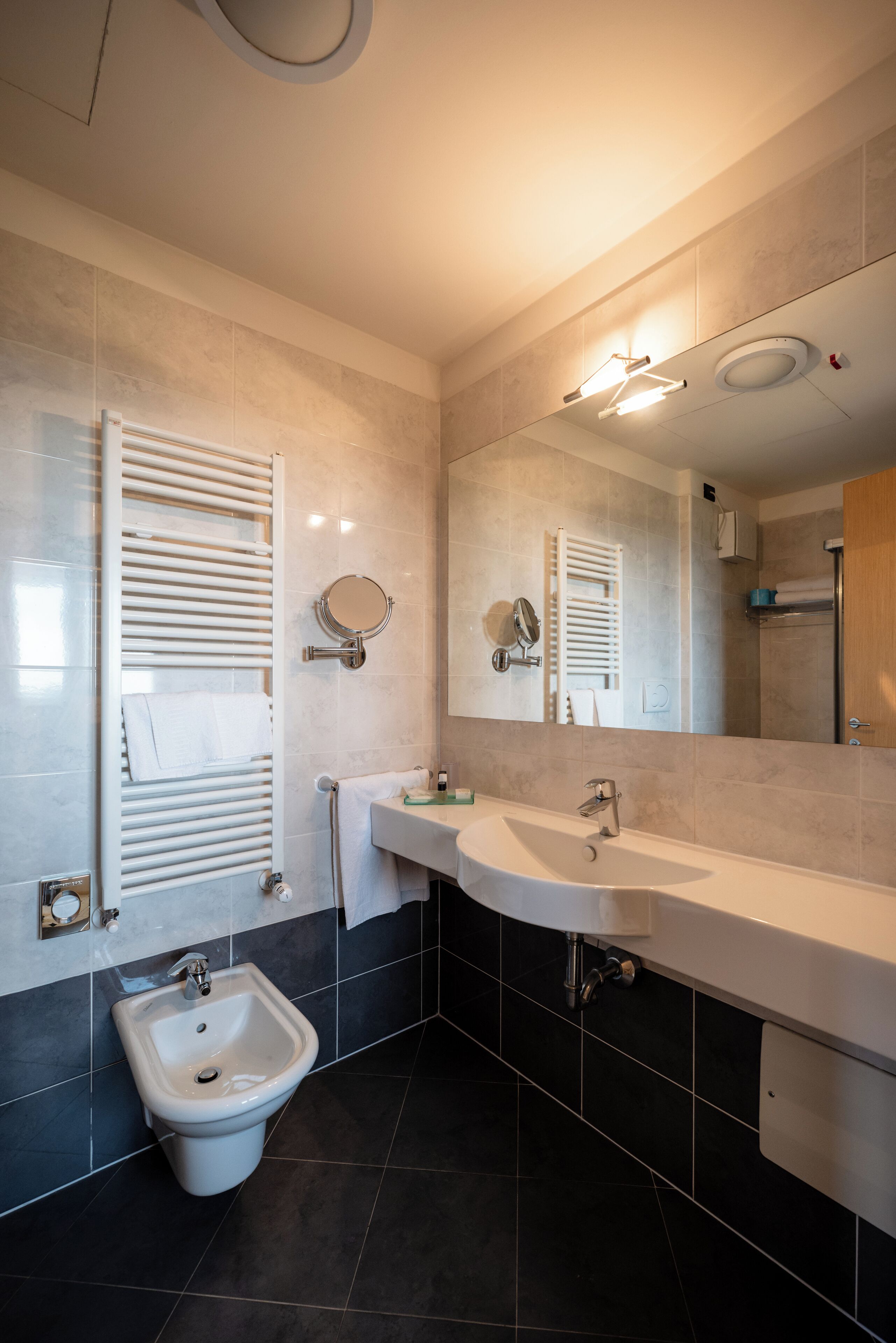 Un bagno moderno con uno specchio grande, un bidet, un lavandino e un porta asciugamani.