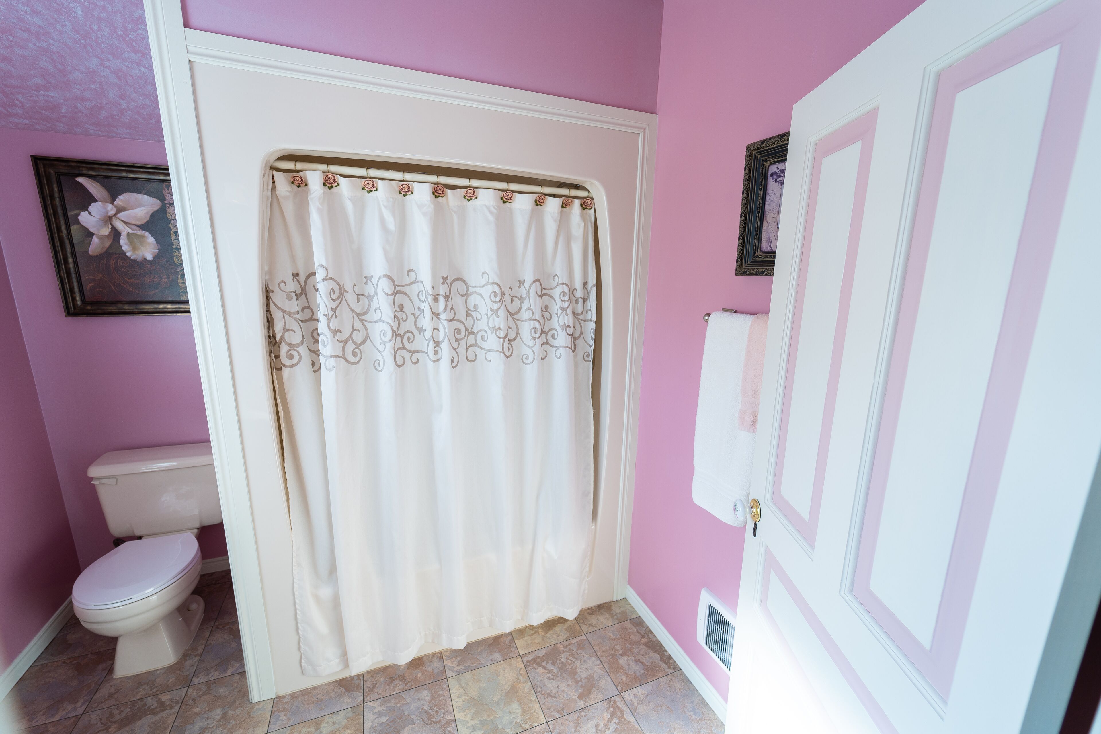 Een badkamer met toilet, douchegordijn en een deur met decoratieve omlijsting.