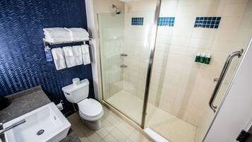 Un baño moderno con ducha envuelta en vidrio, inodoro blanco y lavamanos.