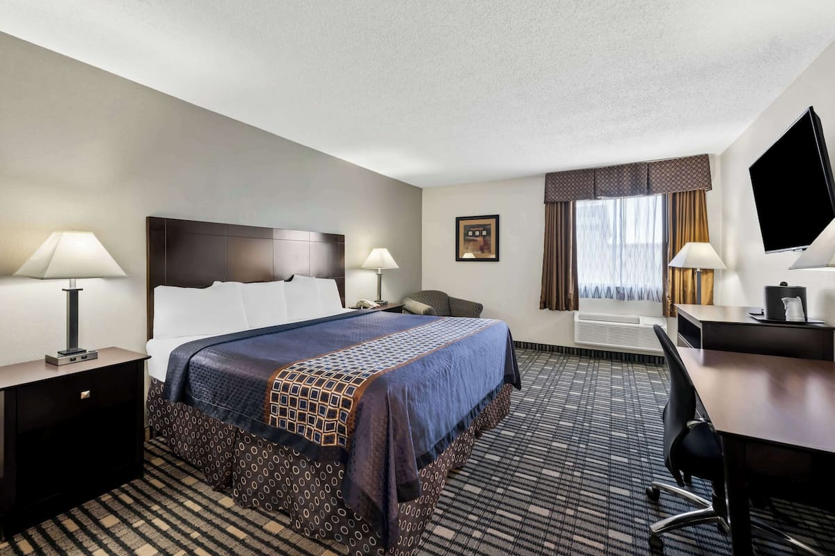 Une chambre d’hôtel avec un grand lit, deux tables de chevet avec des lampes, un bureau avec une chaise, un téléviseur à écran plat et une fenêtre avec des rideaux.