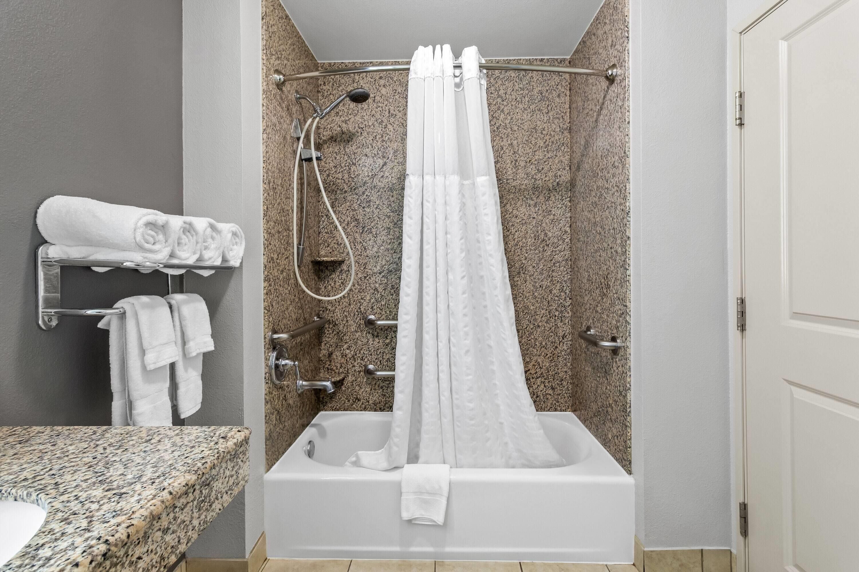 A bathroom with a shower, a bathtub, and a granite countertop.