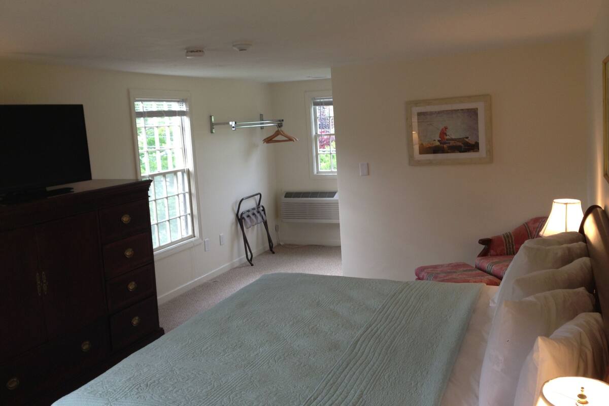 Une chambre à coucher avec un lit, une commode, une télévision, des fenêtres et un tableau.