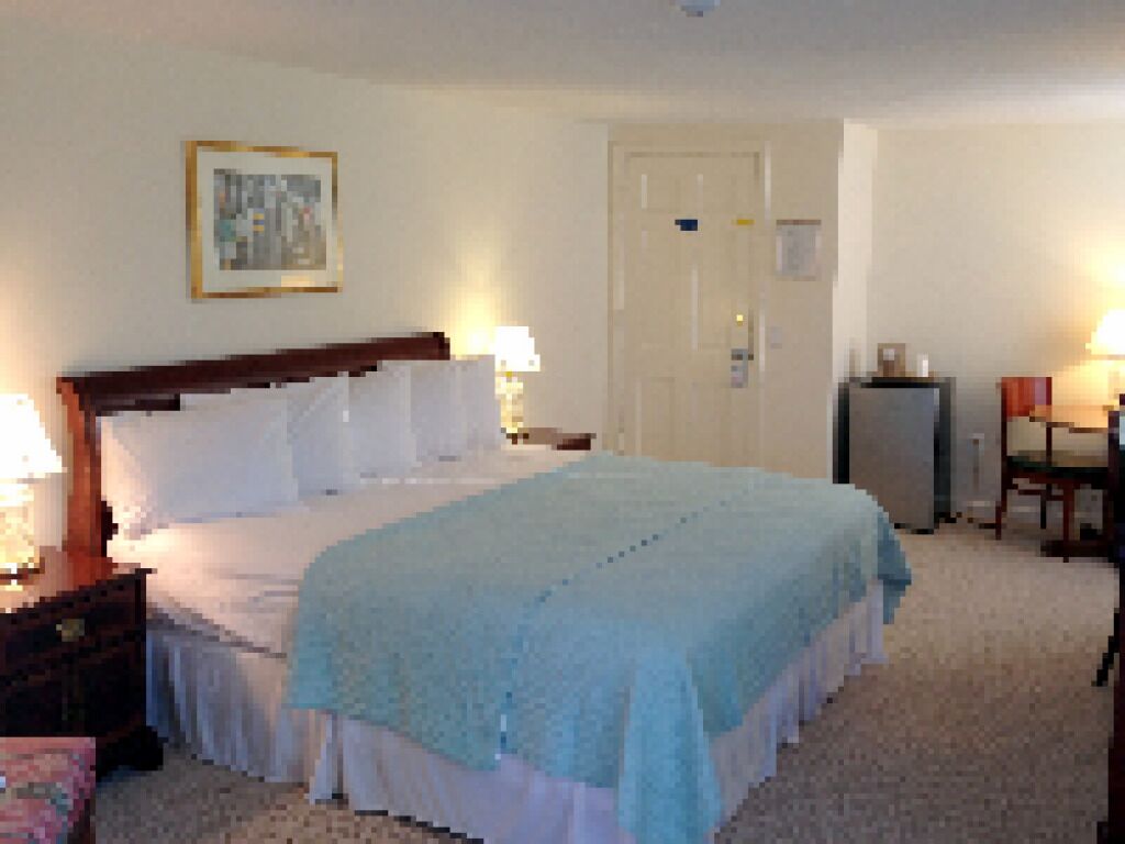 Una habitación de hotel con una cama grande, un escritorio y una silla.