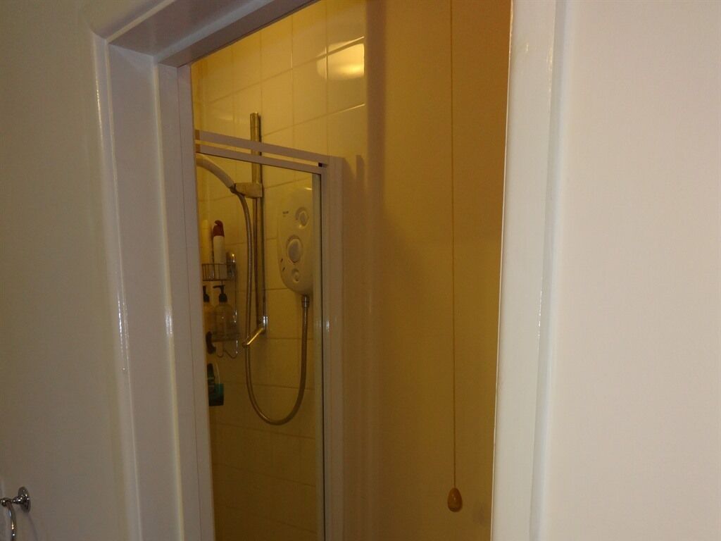 A shower area with a glass door, a handheld showerhead, and a wall-mounted faucet.