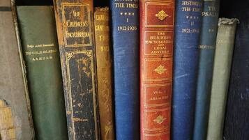 A collection of old, worn books on a shelf.
