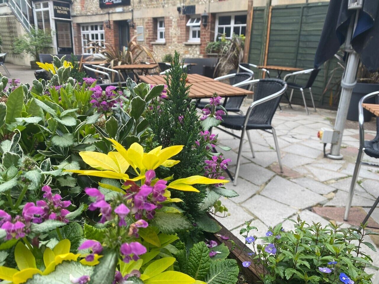 An outdoor seating area with tables and chairs, surrounded by a variety of plants and flowers.