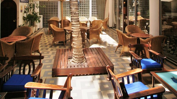 A multi-level indoor space with wooden furniture, a central palm tree, and a checkered floor pattern. - Hotel La Residence (St. Louis)