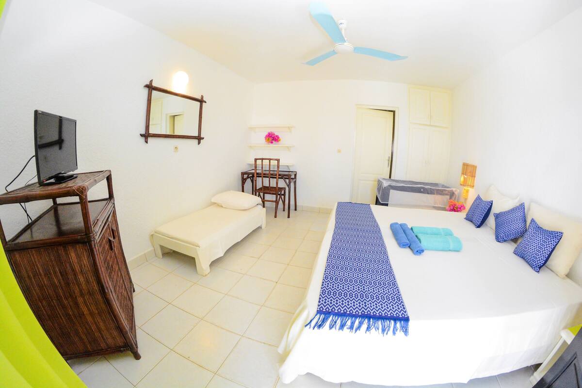 Une chambre à coucher comprenant un lit, un bureau, une chaise, un téléviseur et un ventilateur de plafond.
