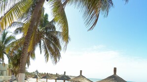 Una playa con filas de sillas de descanso y sombrillas de paja, palmeras y una vista despejada del océano.