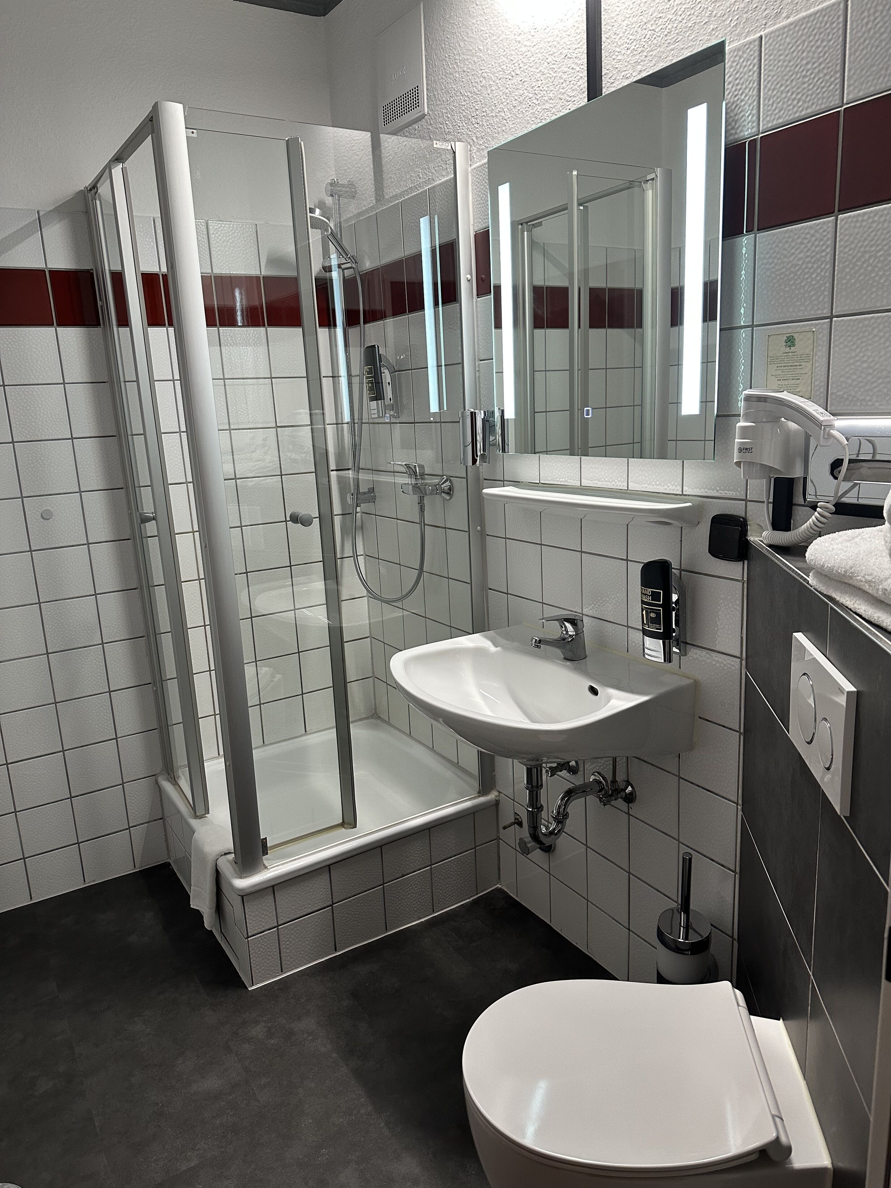 A bathroom with a glass-enclosed shower, a sink, and a toilet.