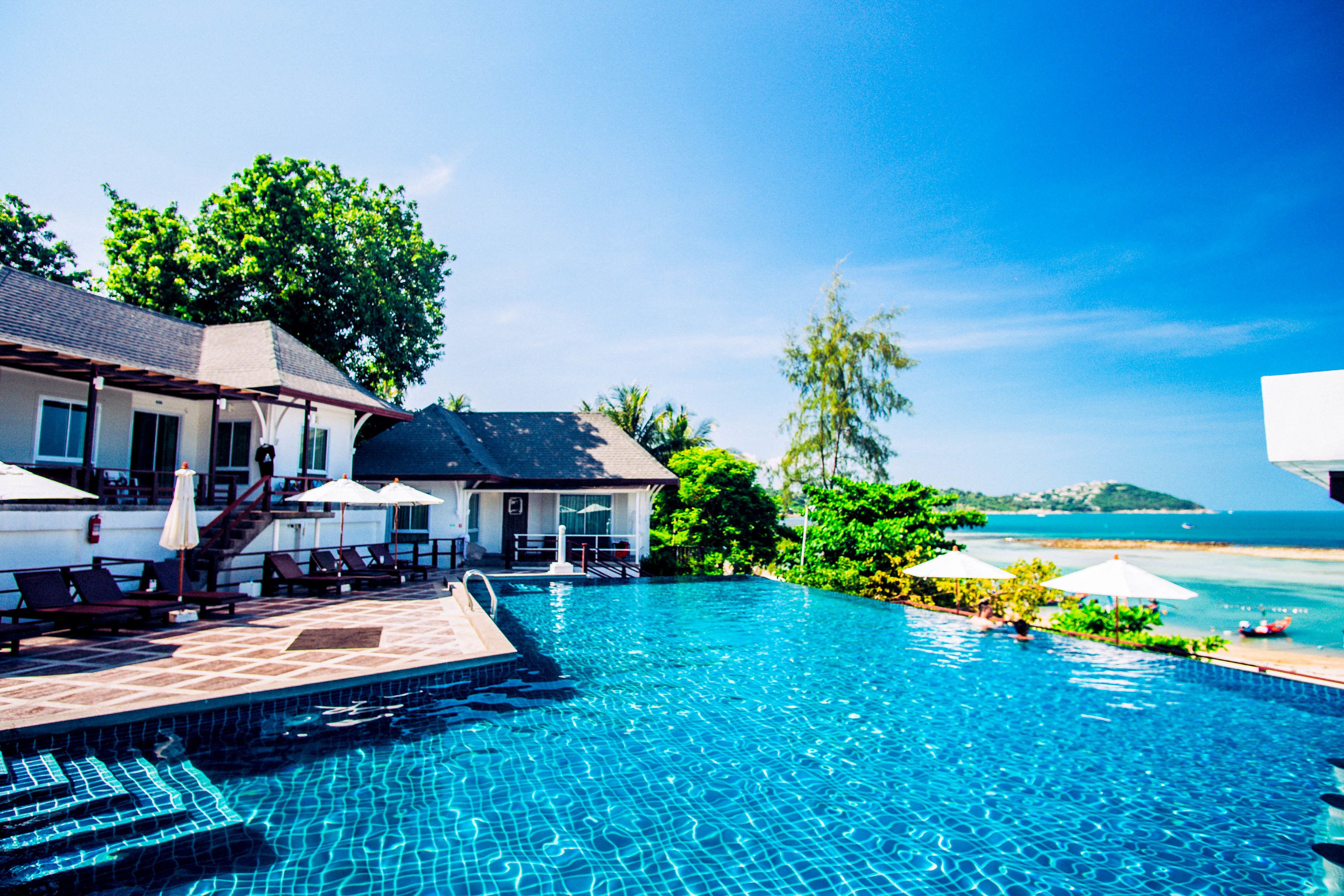 Outdoor pool, open 8 AM to 8 PM, pool umbrellas