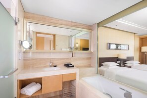 Separate bathtub and shower, deep-soaking bathtub, rainfall showerhead