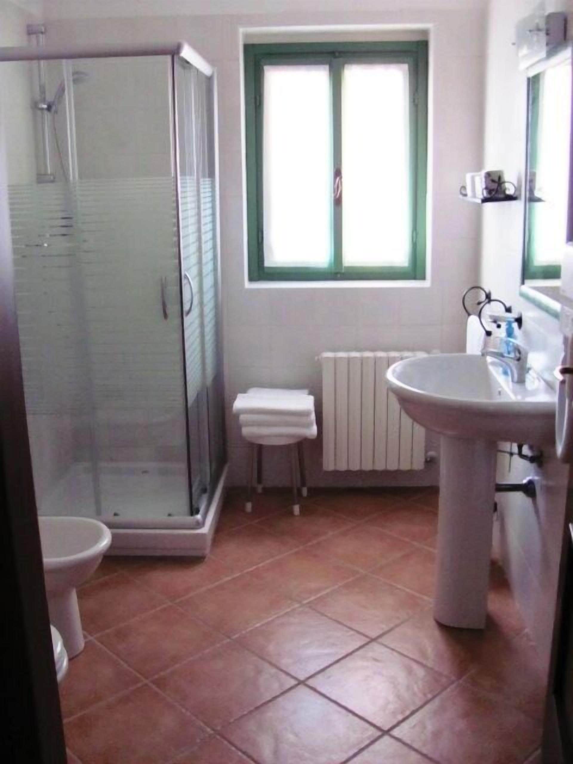 A bathroom with a glass shower enclosure, a white sink, a toilet, and a window with green frames.