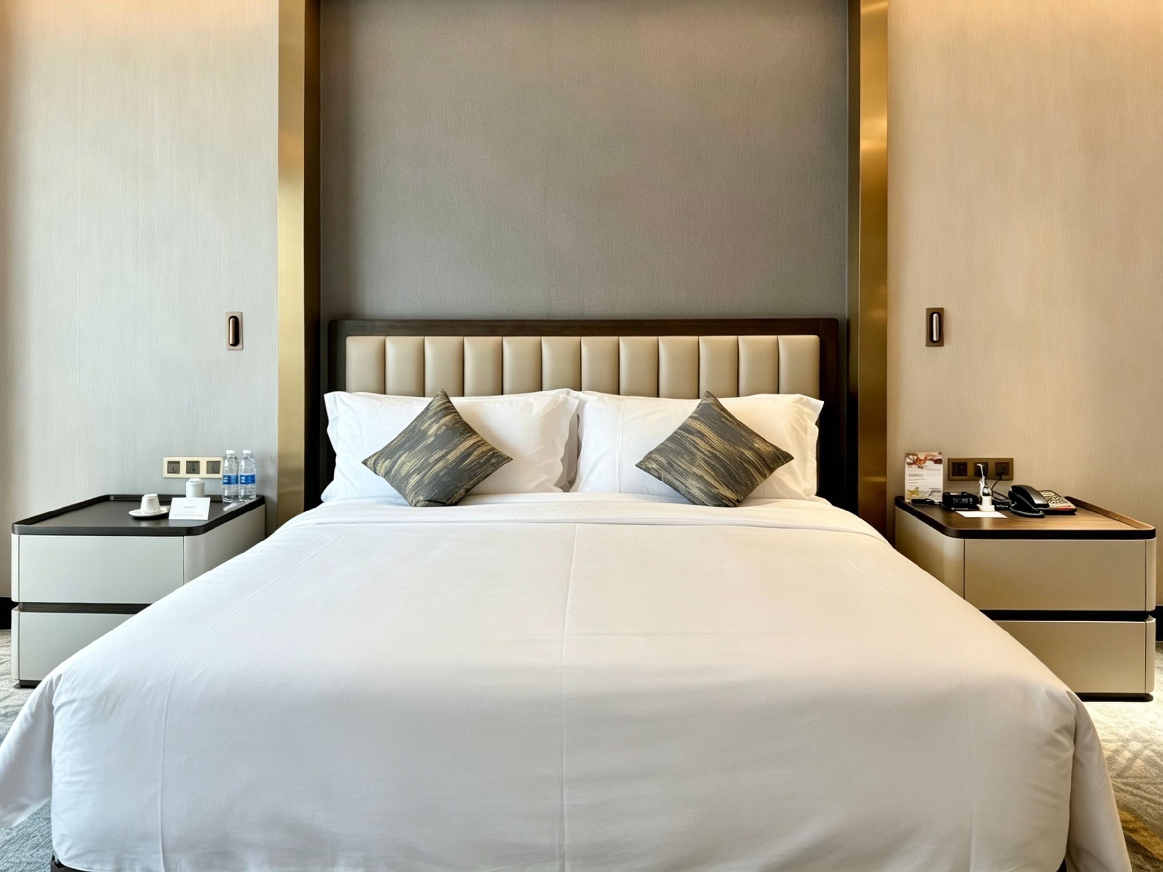 A hotel room with a large bed, two nightstands, a bedside table, and a wall-mounted telephone.
