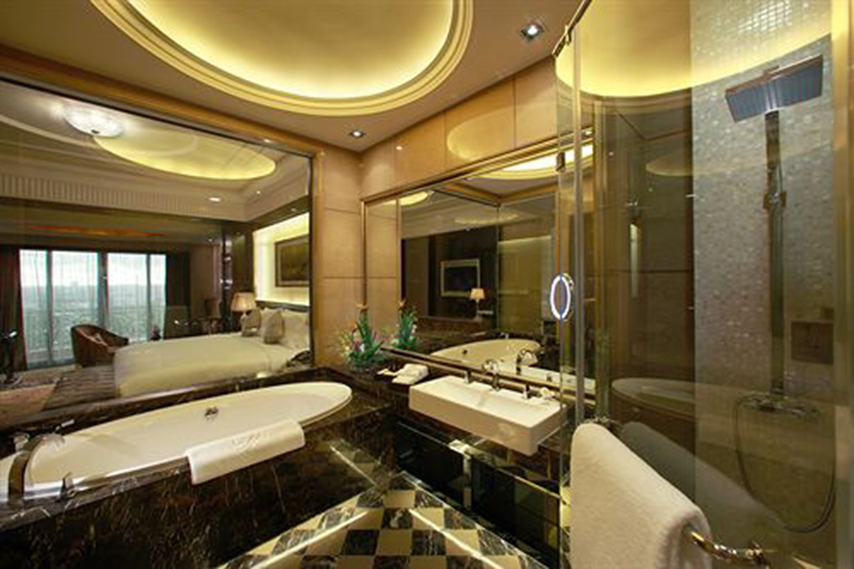 separate bathtub and shower, deep-soaking bathtub, rainfall showerhead