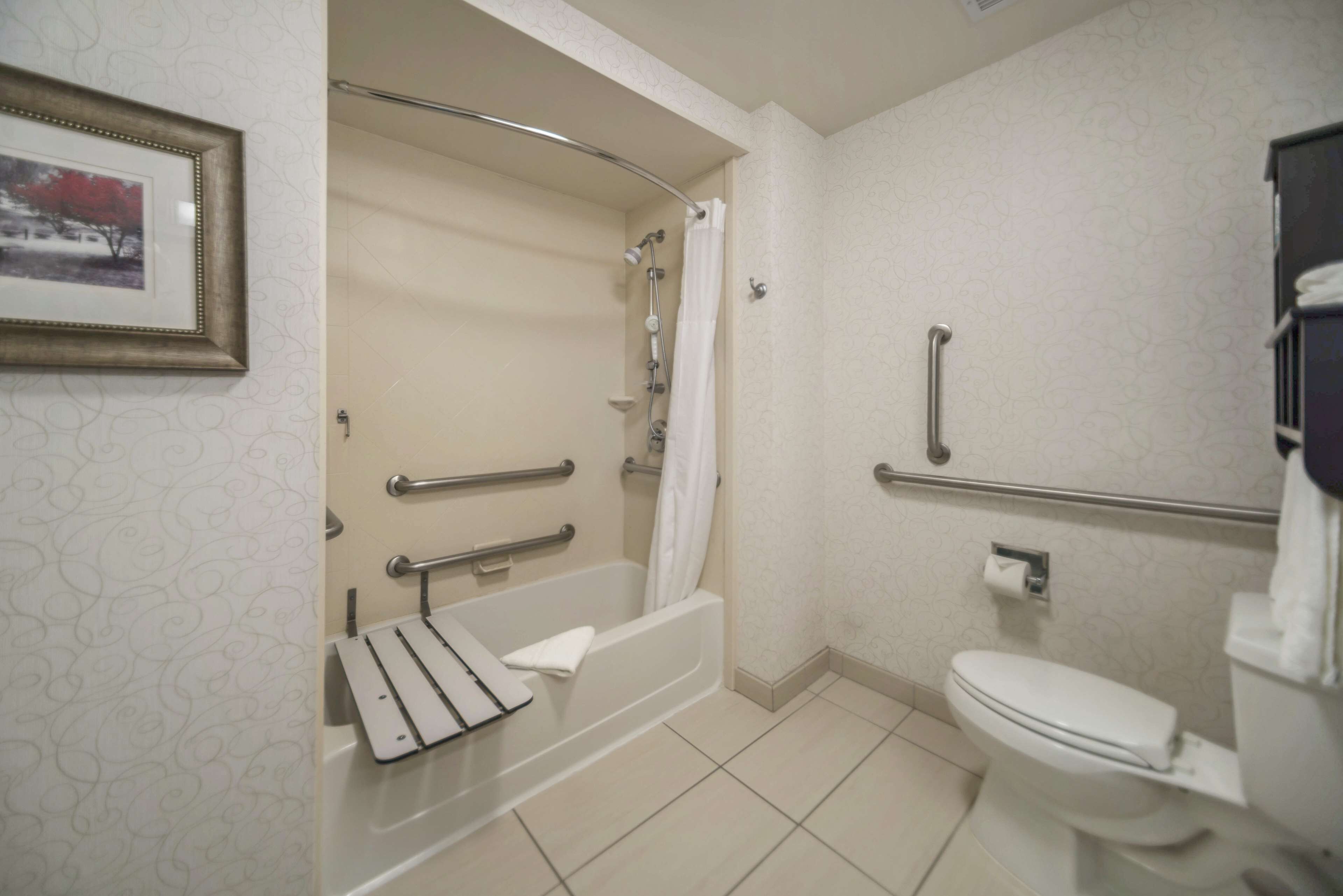 Un baño con ducha, inodoro y barras de apoyo.