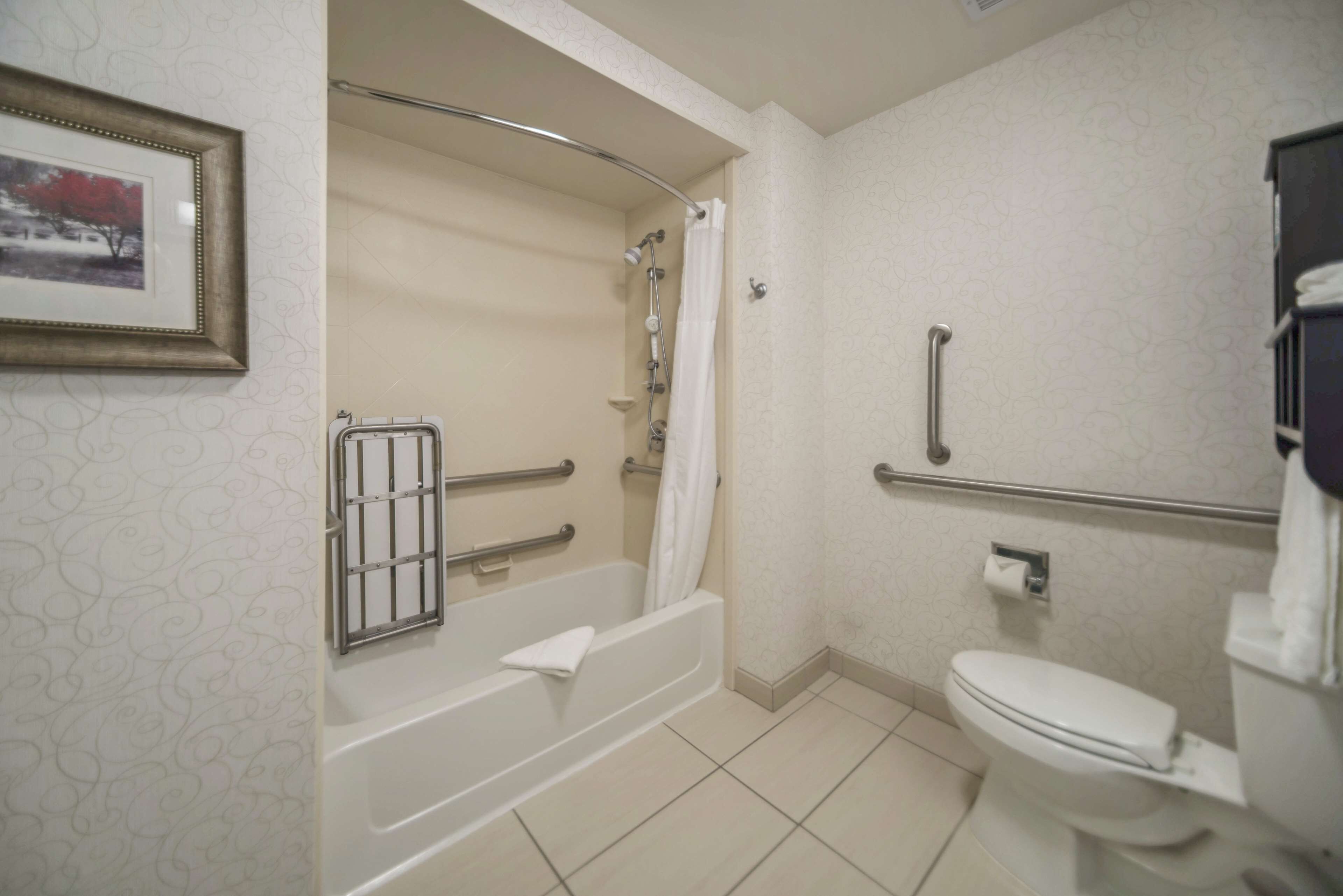 A bathroom with a bathtub, shower, toilet, and handrails.