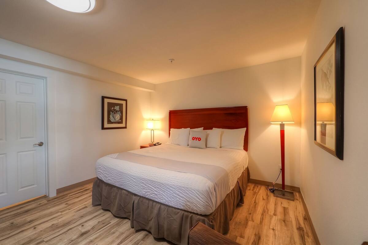 Une chambre d’hôtel avec un lit, des lampes de chevet, une porte, un tableau encadré au mur et un plancher en bois.