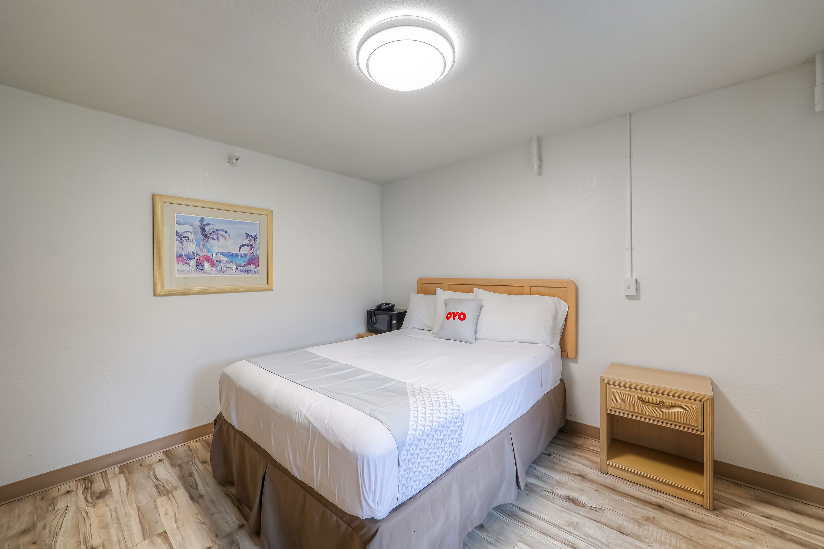A bedroom with a bed, a nightstand, a framed picture on the wall, and a ceiling light.