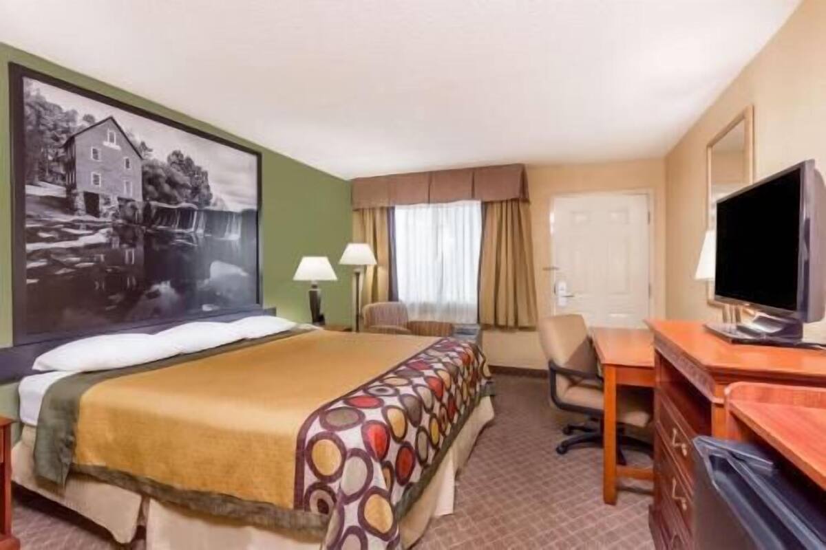 A hotel room with a bed, desk, chair, television, and a large framed picture on the wall.