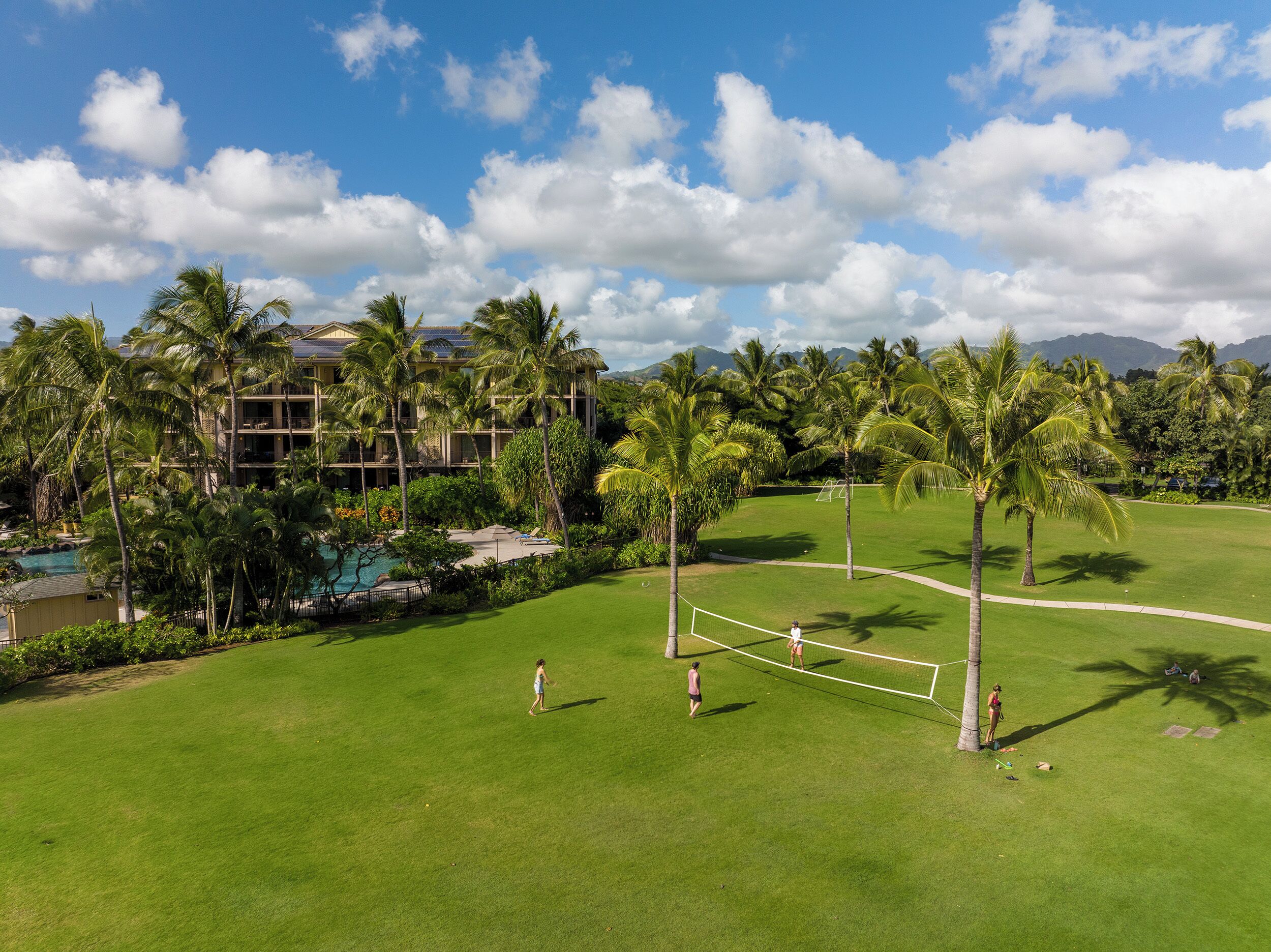 A lush green golf course with a netted area, palm trees, and a pool in the background.