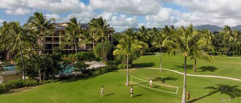 A lush green golf course with a netted area, palm trees, and a pool in the background.